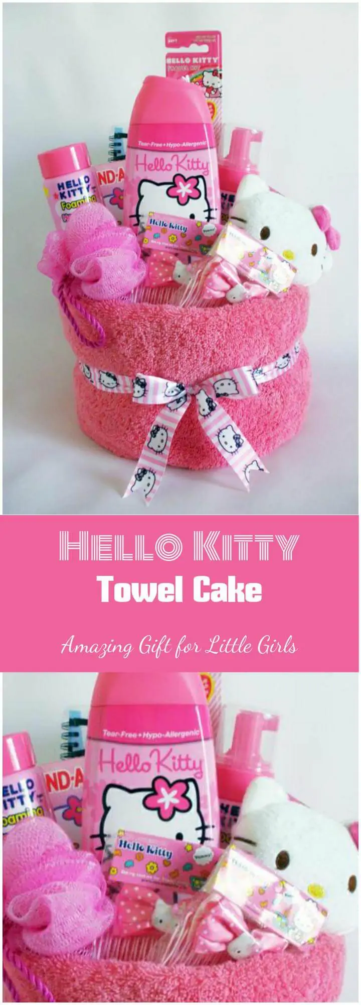 Magnífico pastel de toalla de Hello Kitty o canasta de regalo